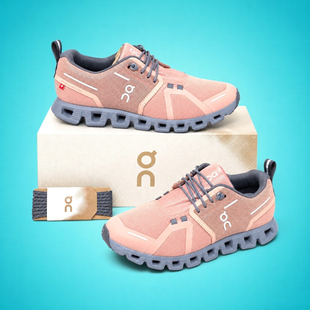 New Women's On Cloud 5 Waterproof running shoes, color Rose/Fossil, size 6.